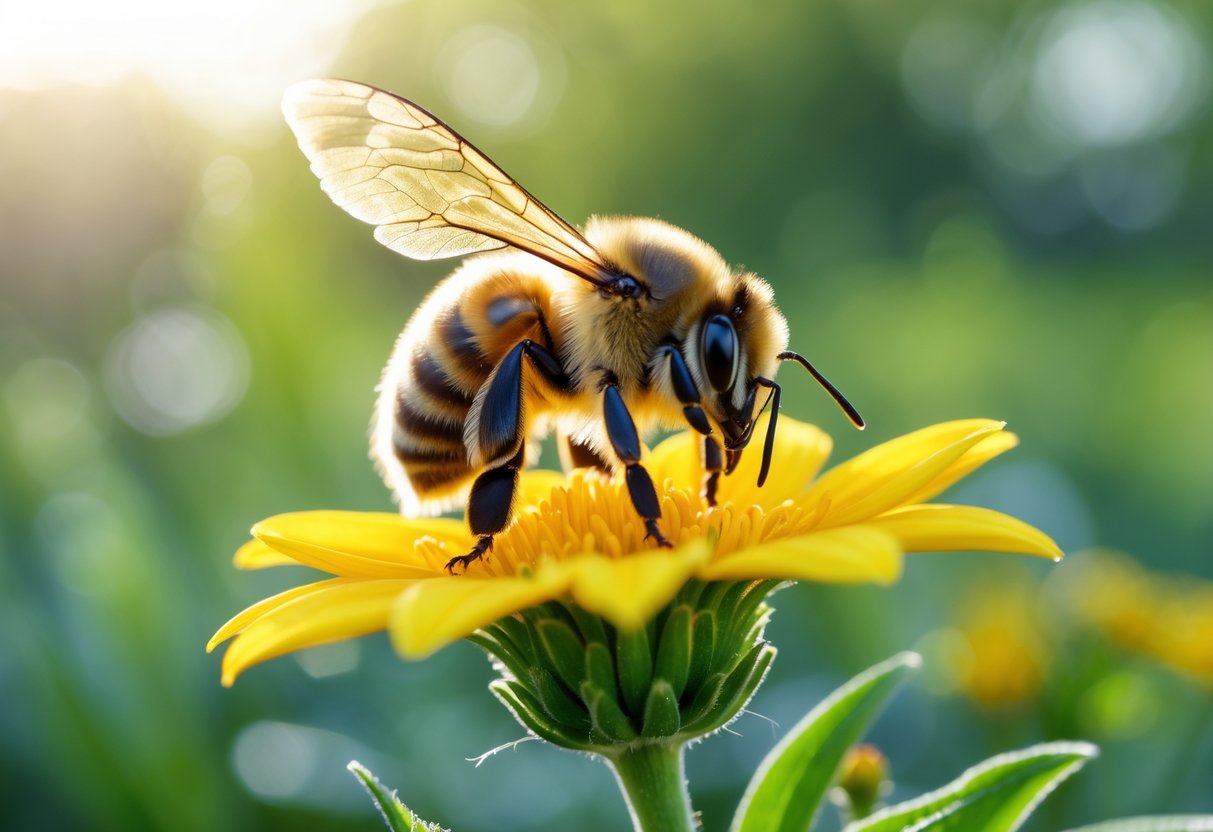 A close-up of a bee resting on a yellow flower outdoors with green leaves in the background.