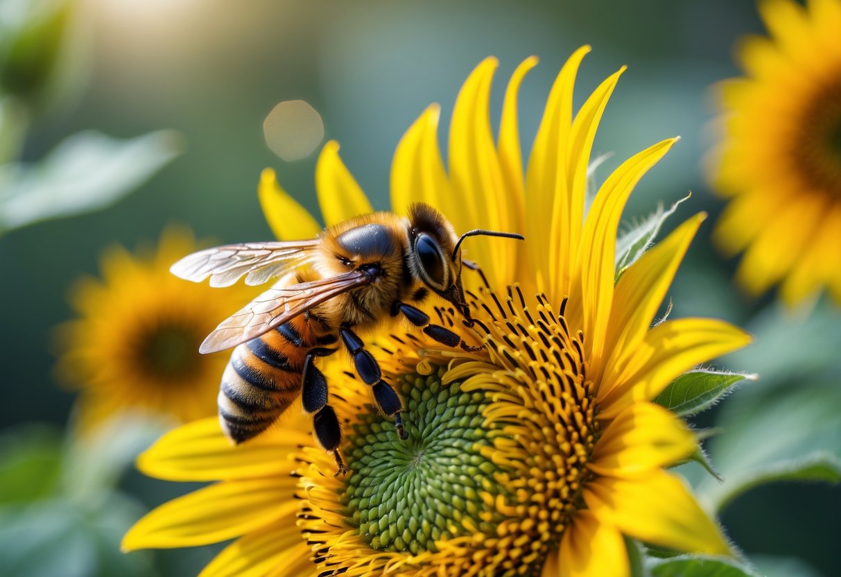 A honeybee collecting pollen on a bright yellow sunflower with green foliage in the background.