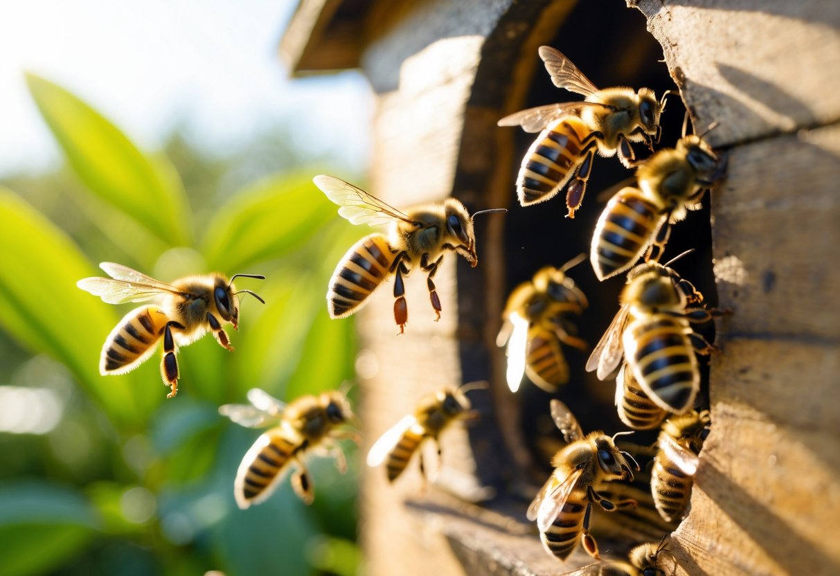 Close-up of bees actively flying around a beehive entrance during bright midday sunlight.