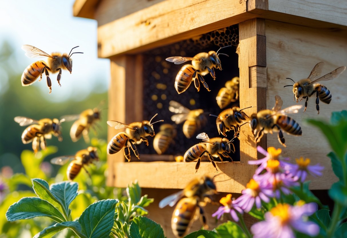 Close-up of bees around a hive entrance with some bees flying actively and others collecting nectar from flowers in a garden.