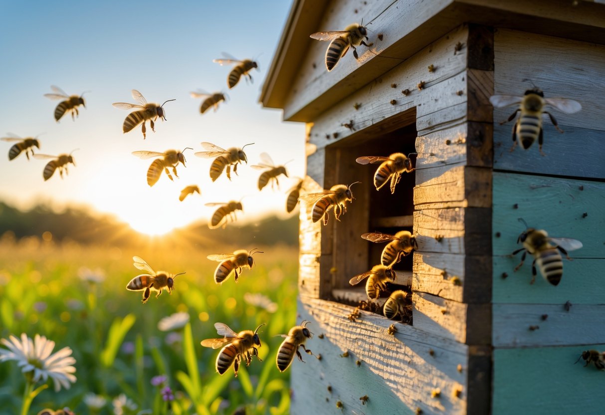 Close-up of bees flying near a hive entrance in a green meadow during late afternoon.
