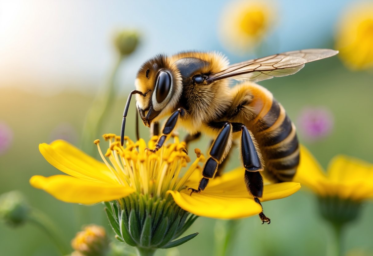 Close-up of a honeybee perched on a yellow flower in a sunny meadow.