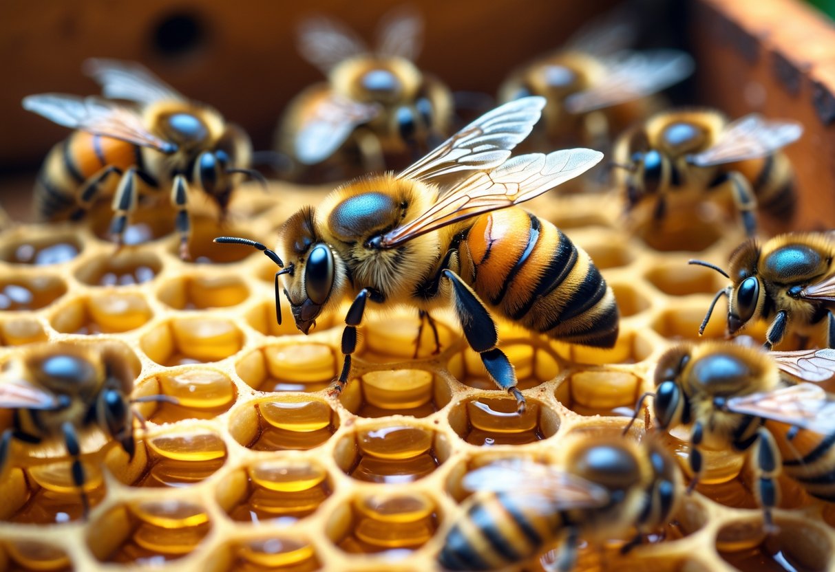 A queen bee sitting on a honeycomb surrounded by worker bees inside a beehive.