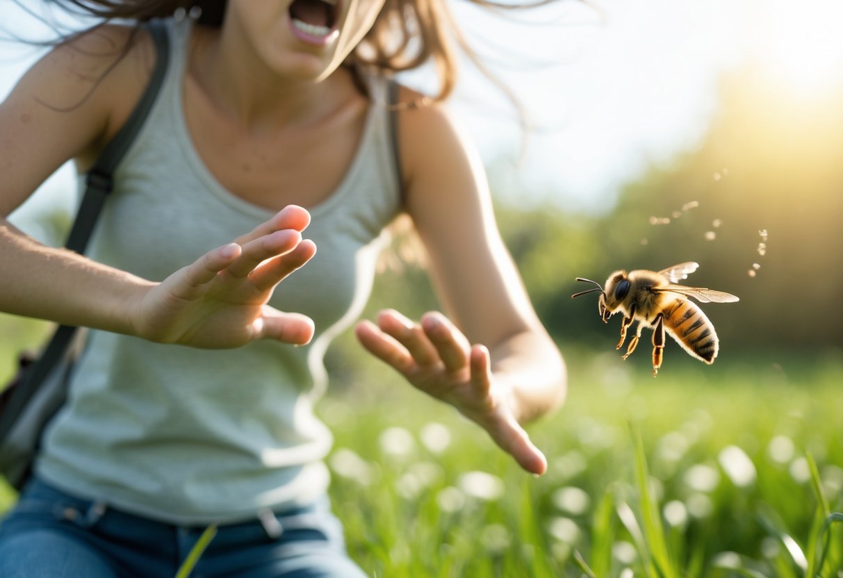 A person outdoors panicking and swatting at a bee flying near their face.