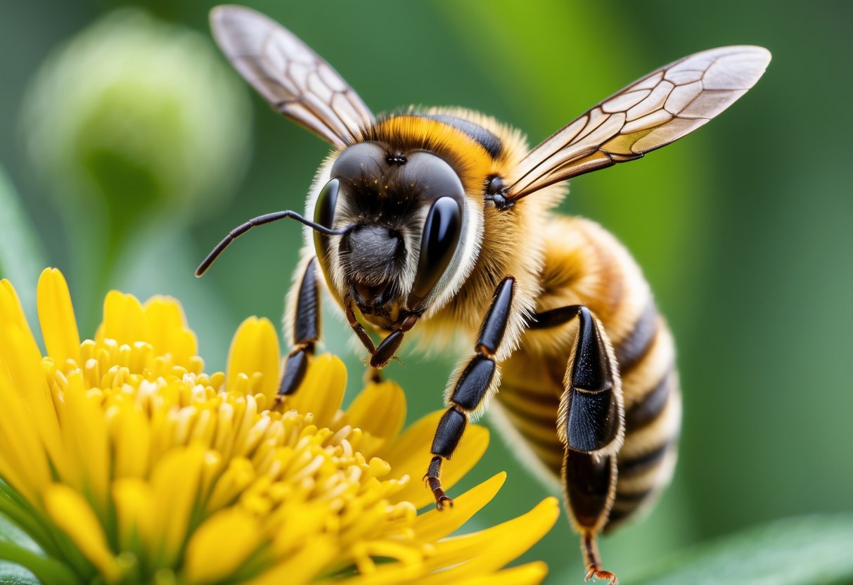 A close-up of a honeybee sitting on a yellow flower, facing the camera.