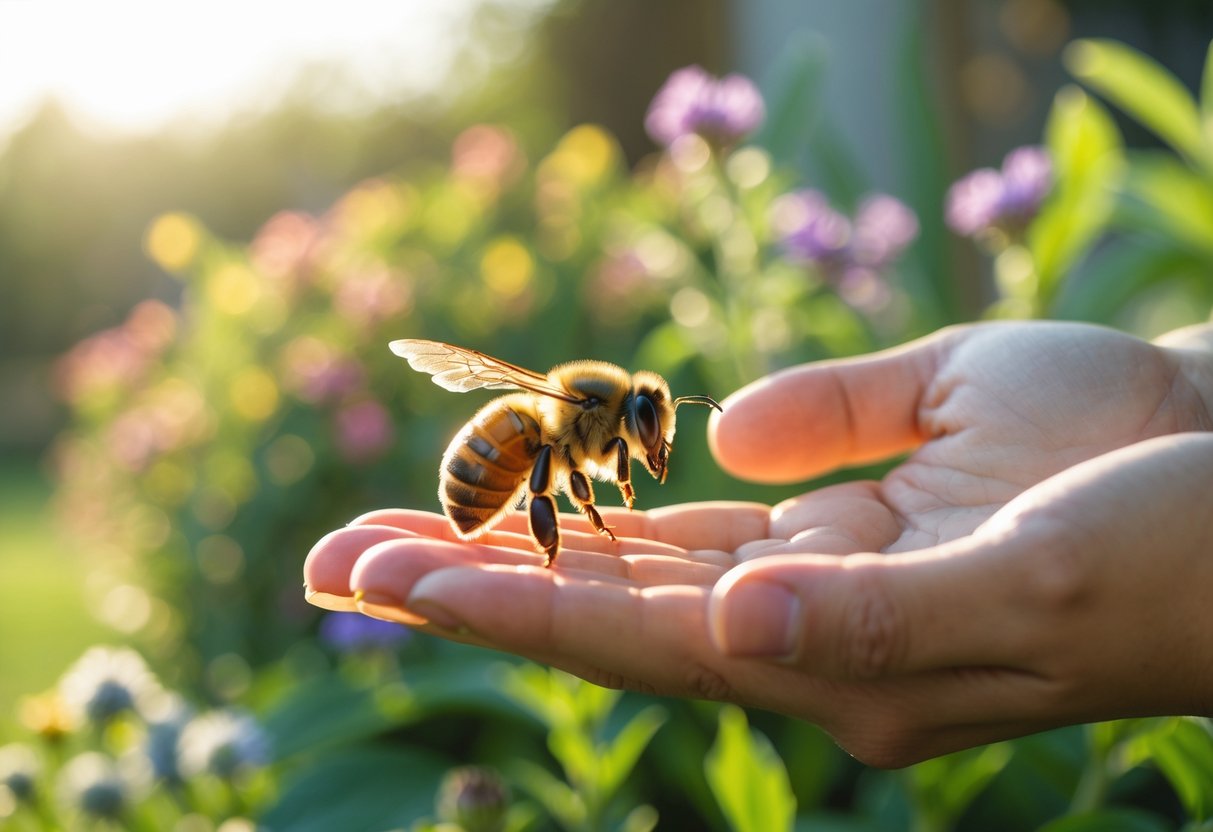 A honeybee landing on a person's open hand surrounded by flowers in a garden.