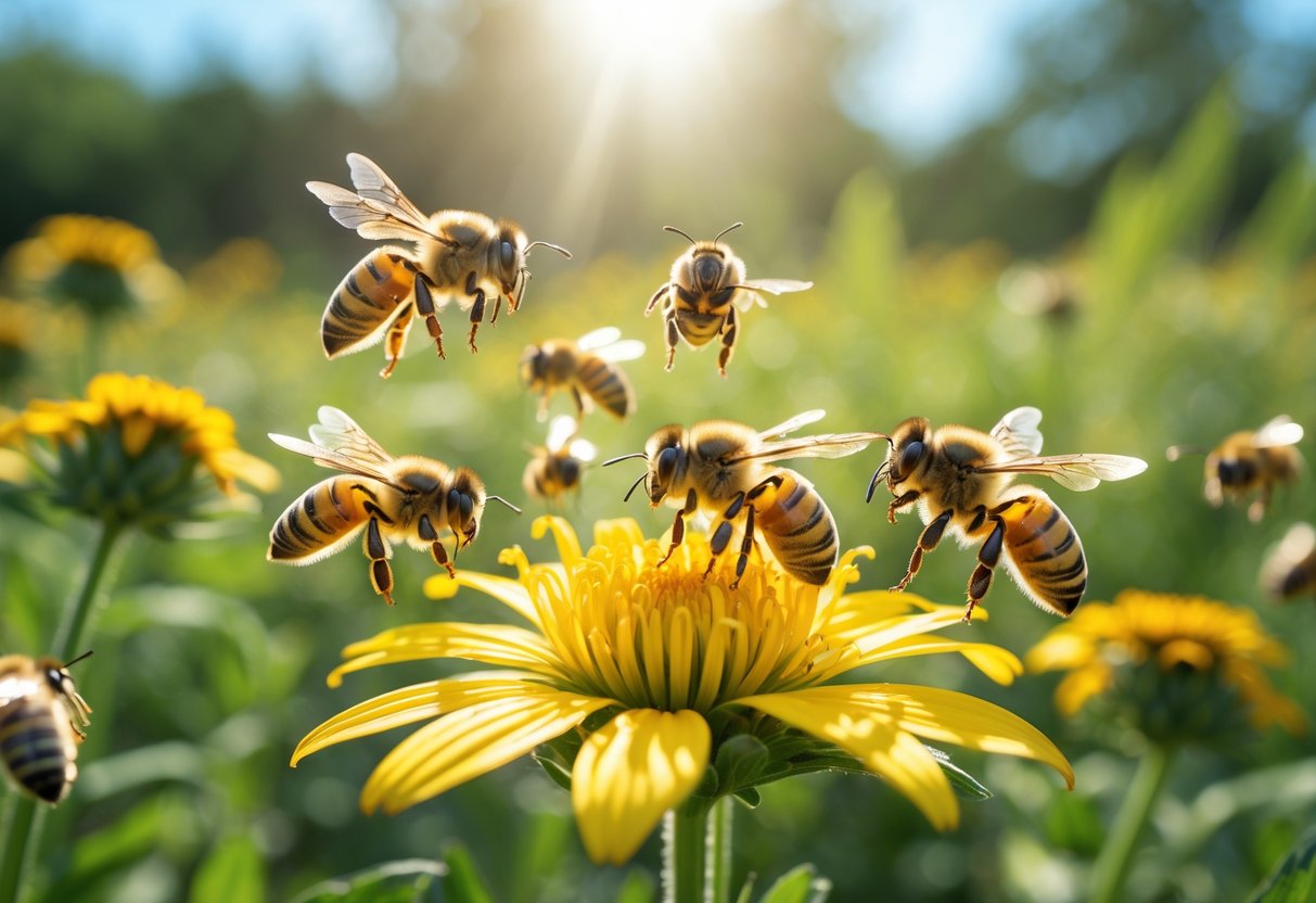 Close-up of honeybees on a yellow flower with some bees flying aggressively nearby in a meadow.