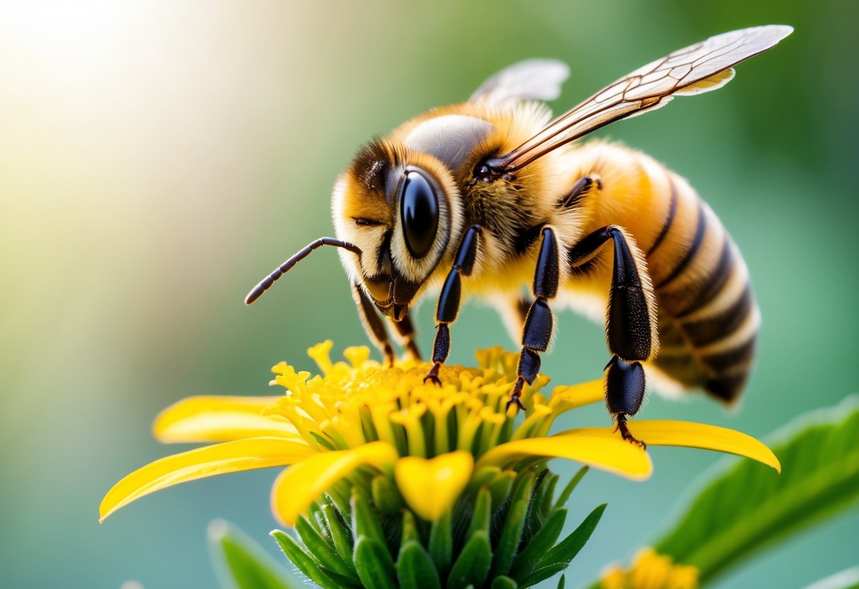 A close-up of a honeybee sitting on a yellow flower with green foliage in the background.