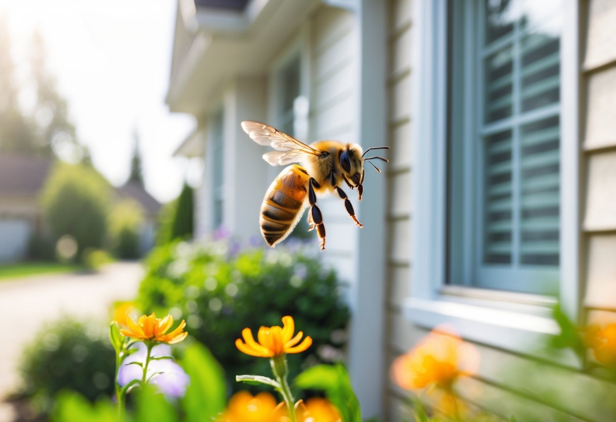 A honeybee flying near flowers by the outside wall of a house.