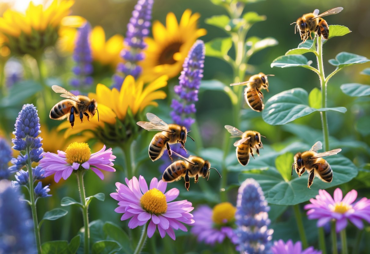 Bees collecting nectar from colorful flowers in a sunlit garden.