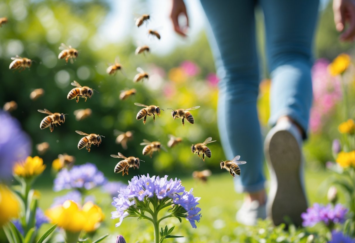 A person walking calmly past bees collecting nectar on flowers in a sunny garden.