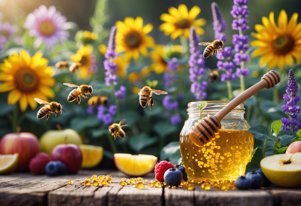 Bees collecting nectar from colorful flowers near a jar of honey and fresh fruits on a wooden surface.