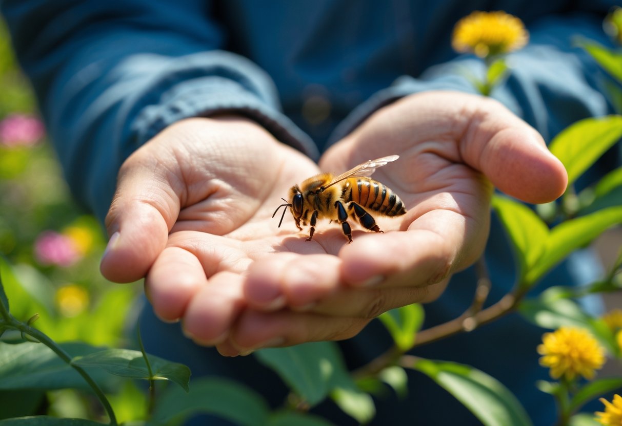 A person gently holding a honeybee in their open hand outdoors among green plants and flowers.