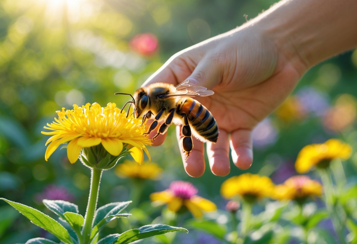 A hand gently reaching towards a honeybee on a yellow flower in a garden.