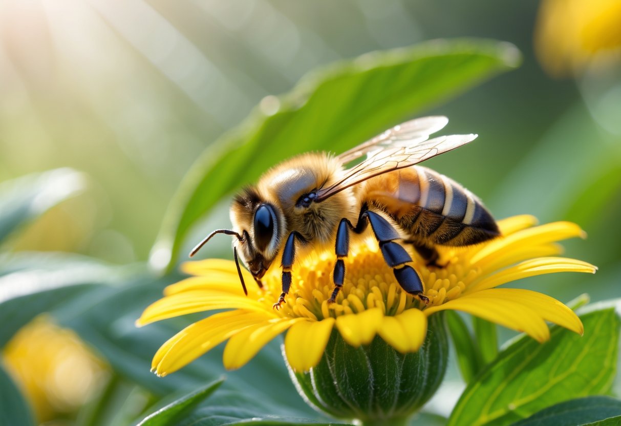 A close-up of a honeybee resting on a yellow flower surrounded by green leaves.