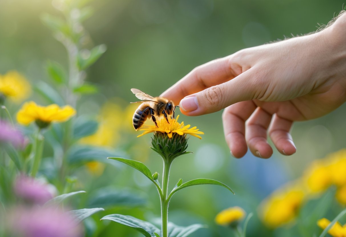 A hand gently reaching out to touch a bee sitting on a yellow flower outdoors.