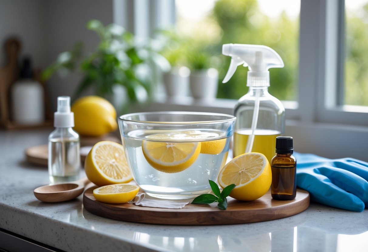 A kitchen countertop with a glass bowl of homemade bee killer solution surrounded by lemon slices, essential oil, a wooden spoon, rubber gloves, and a spray bottle.