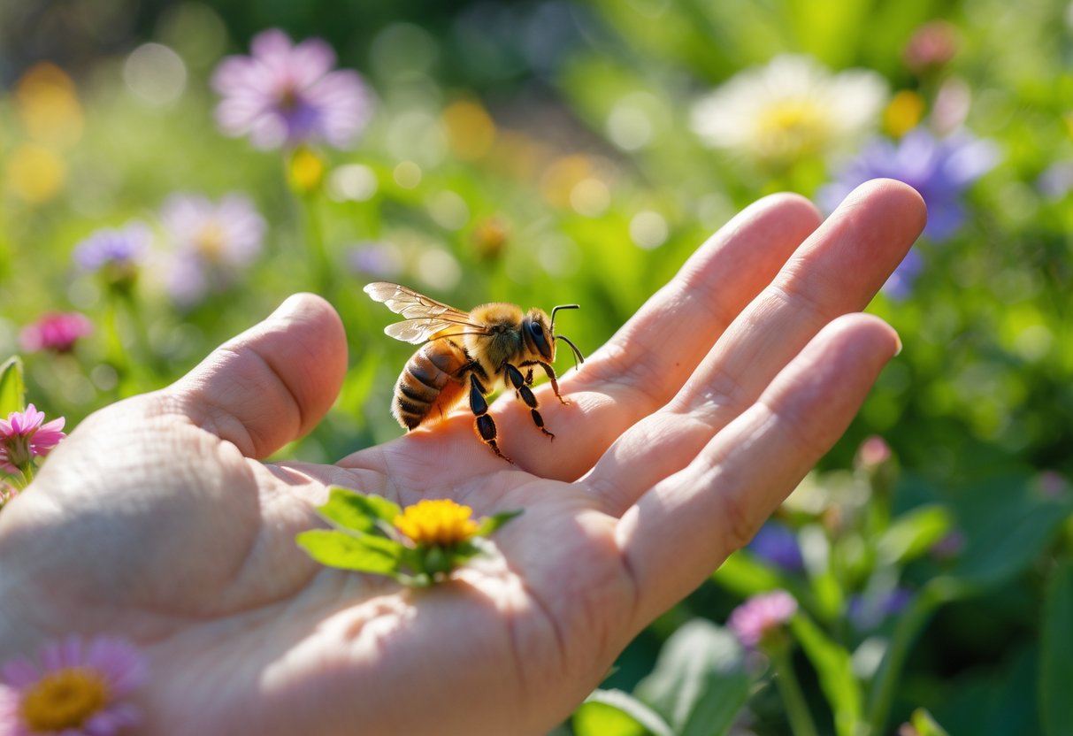 A close-up of a bee perched on a person's hand in a garden with flowers.