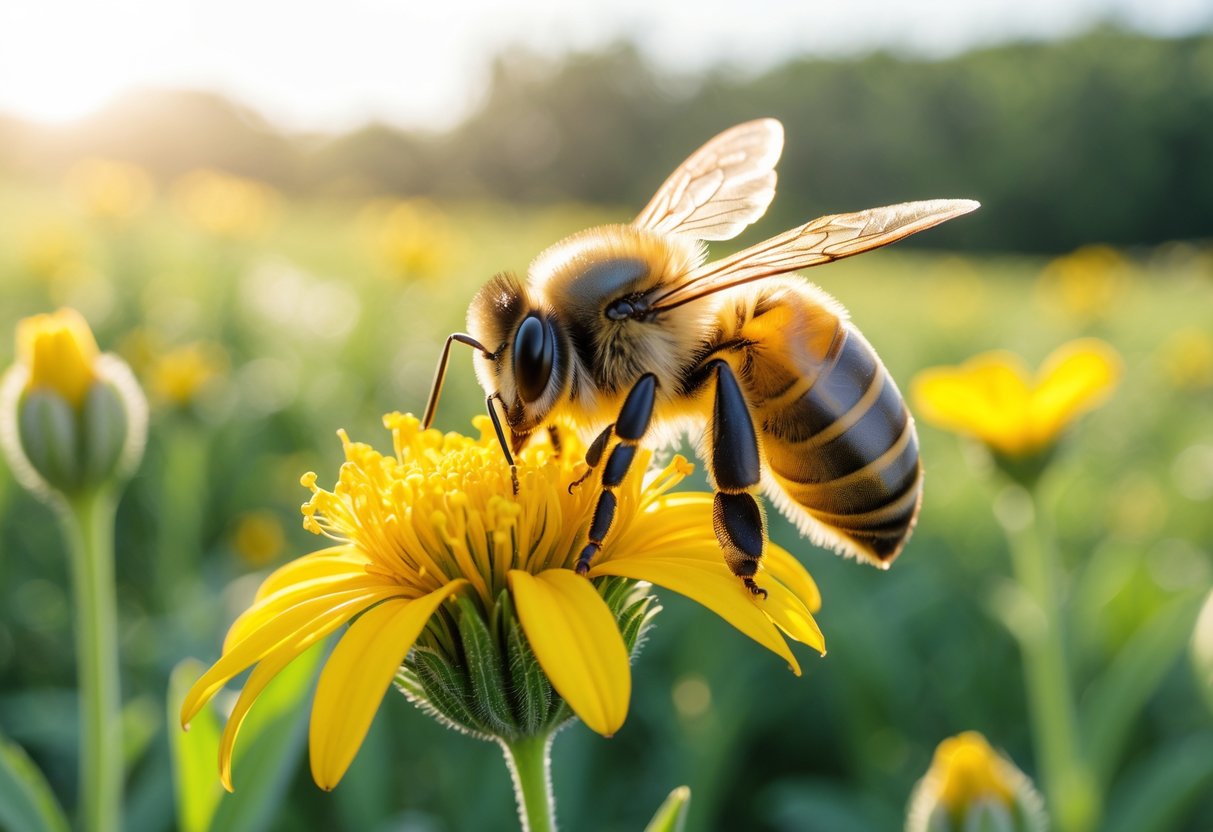 A honeybee resting on a yellow flower in a sunlit meadow with blurred greenery in the background.