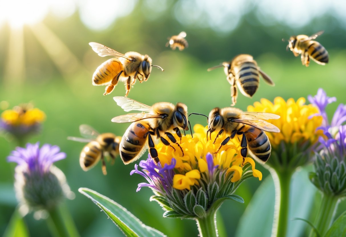 Close-up of bees gathering nectar and pollen on colorful flowers in a green meadow with sunlight.