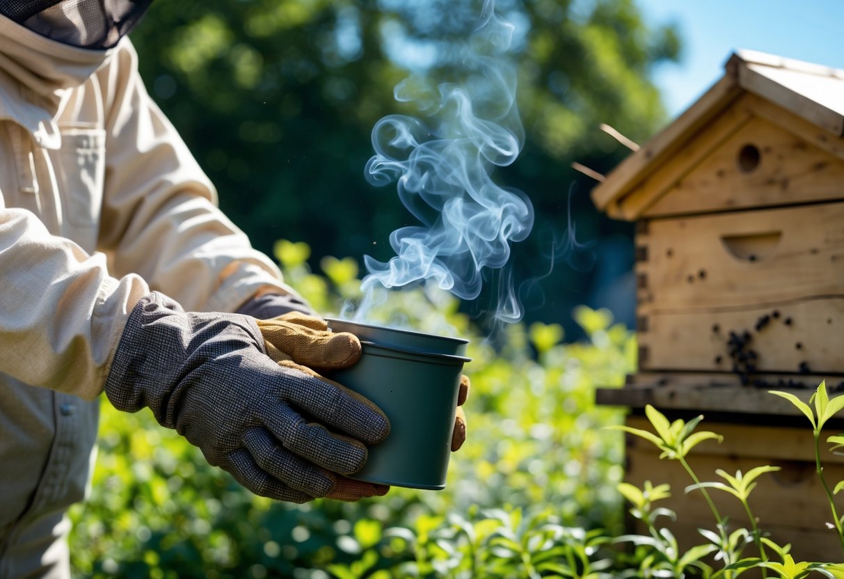 A person wearing protective gloves using a bee smoker near a wooden beehive in a garden.