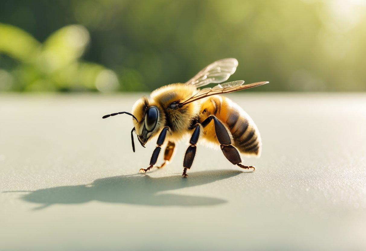 A close-up of a honeybee walking on a light surface with a blurred natural background.