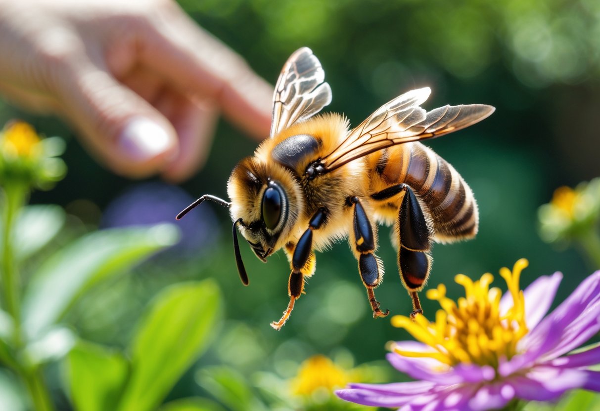 A honeybee flying near a flower with a person's hand waving close by in a garden.