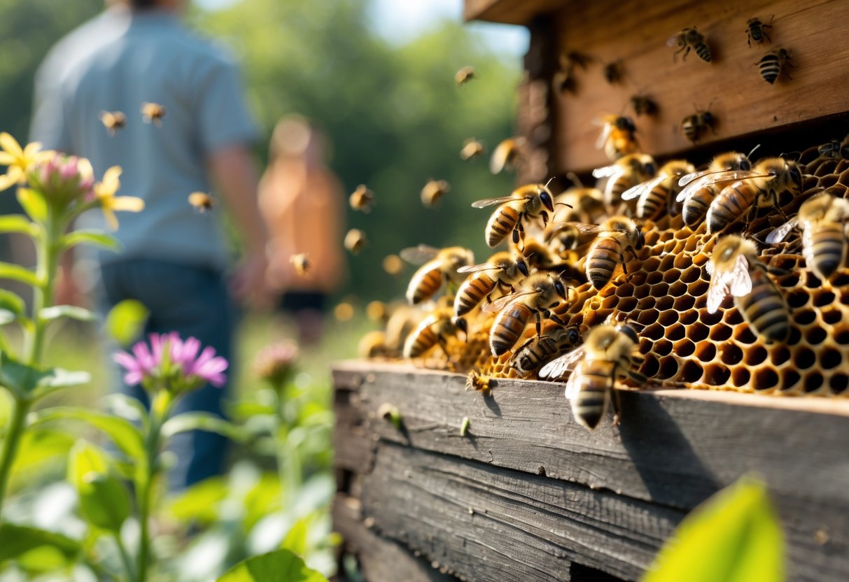 Close-up of several honeybees around a hive with flowers and blurred human presence nearby.