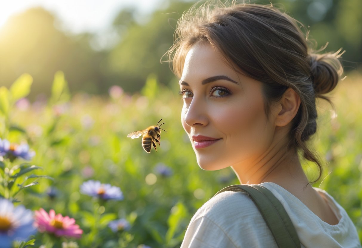 A person outdoors with a bee flying close behind their shoulder in a garden setting.