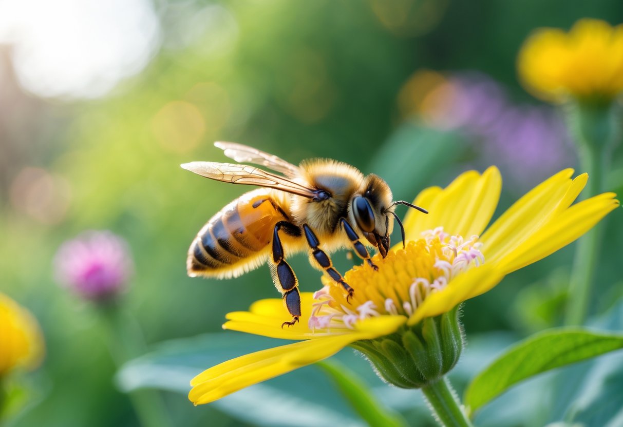 A honeybee sitting on a yellow flower in a garden with green foliage in the background.
