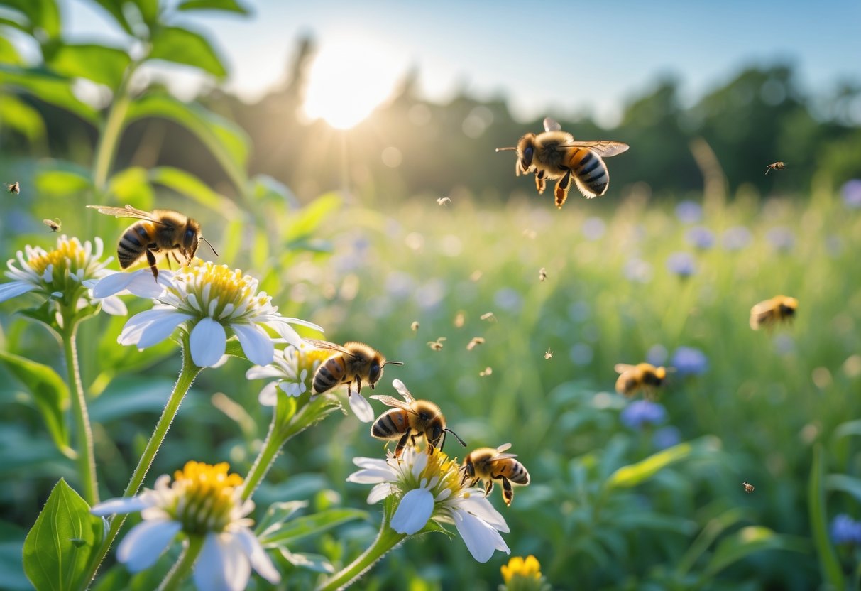 Close-up of bees pollinating yellow flowers in a garden with wildflowers and greenery in the background.