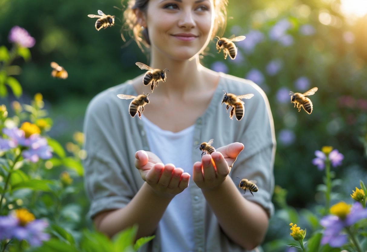 A young woman outdoors in a garden with bees flying around her face and hands.