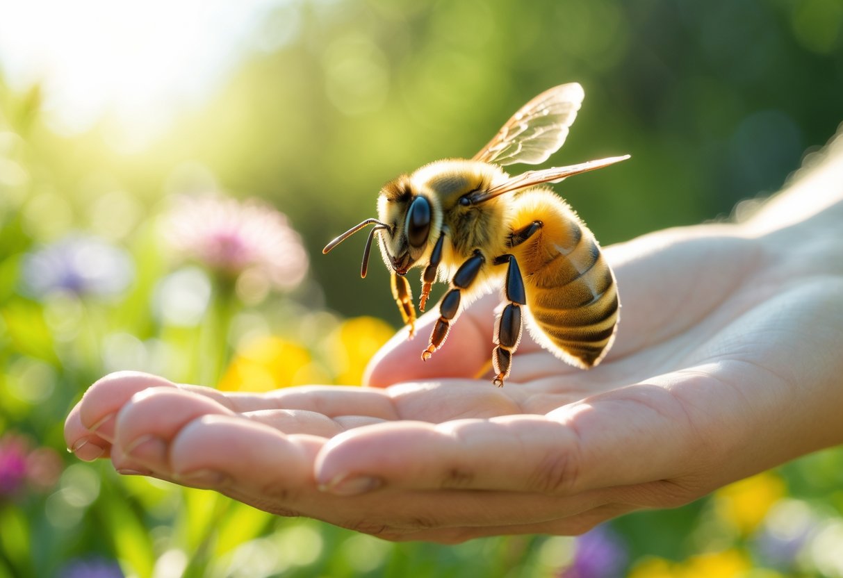 A honeybee flying close to a person's outstretched hand in a garden with green plants and flowers.