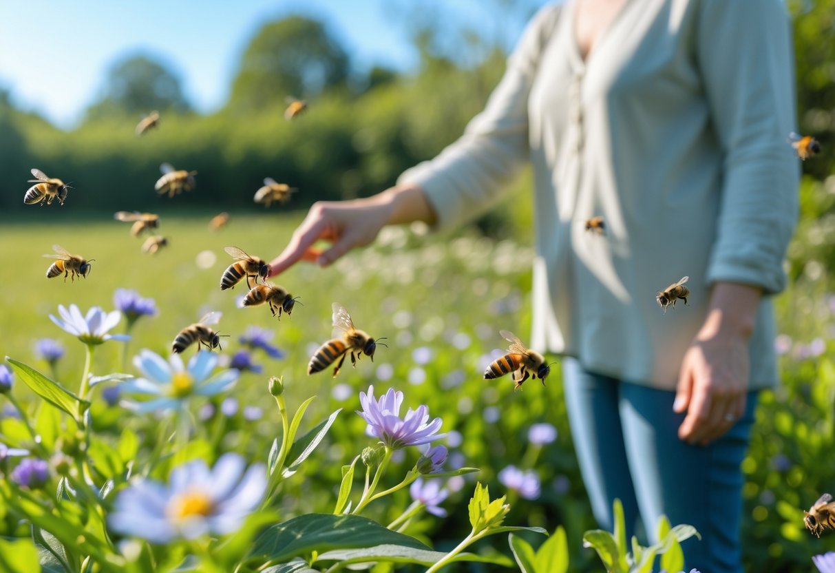A person outdoors gently brushing away bees near blooming flowers in a sunny garden.