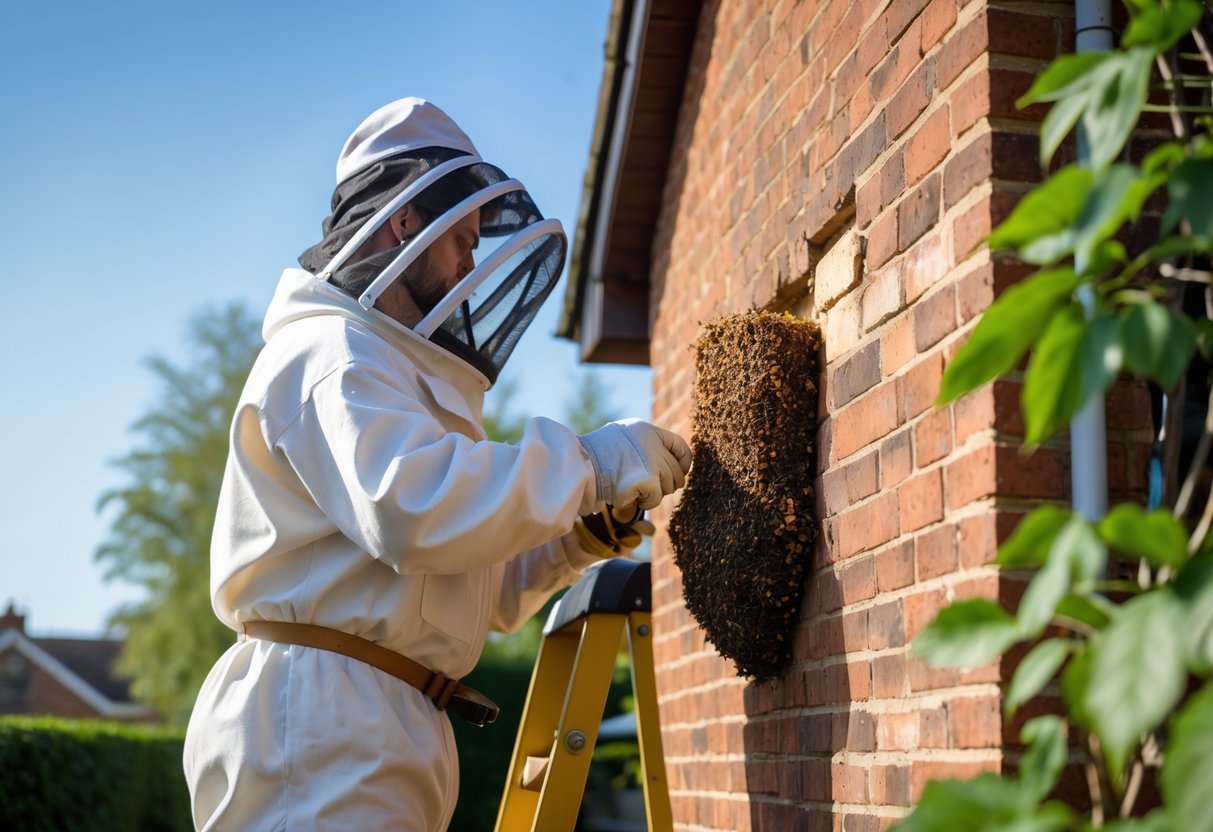 Person in protective beekeeping gear removing a bees' nest from the outside wall of a house using a bee smoker and hive tool.
