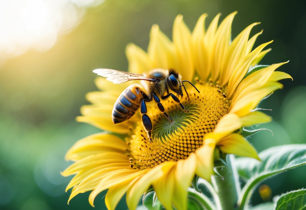 A honeybee collecting nectar on a bright yellow sunflower in a garden.
