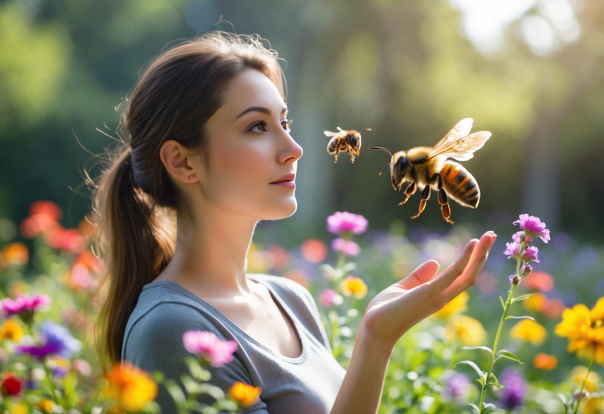 A young woman standing calmly in a garden with a bee flying near her hand.