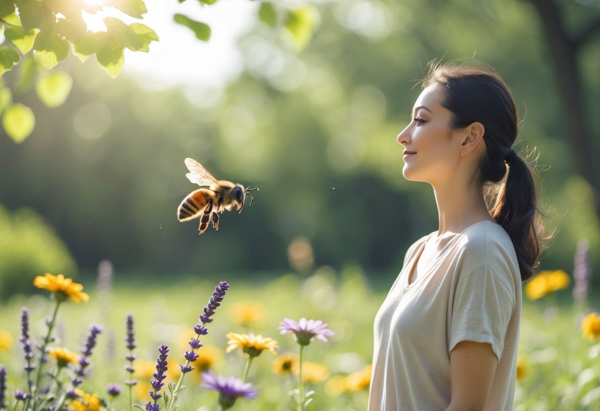 A person standing still outdoors near colorful flowers with a bee flying close by.