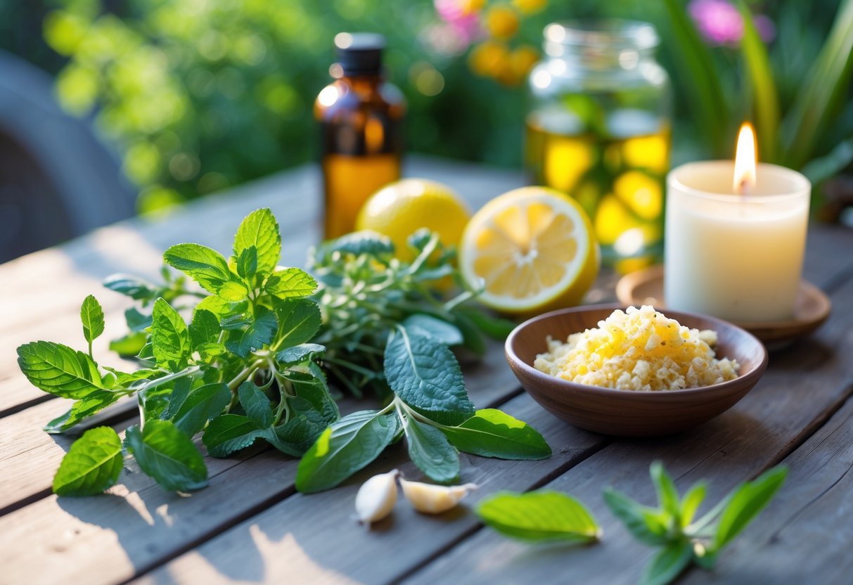 Close-up of natural items like mint, eucalyptus, garlic, lemon slices, and citronella candle arranged on a wooden table outdoors.