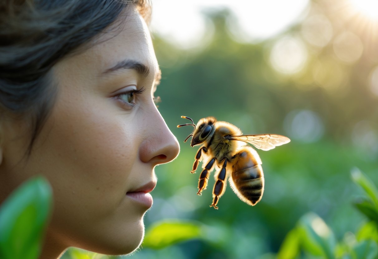A person outdoors with a bee hovering near their face in a green garden.