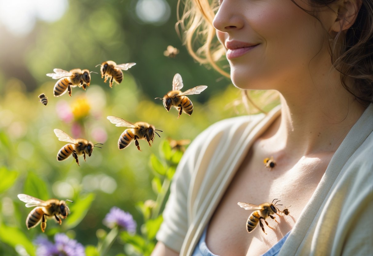 A person outdoors with several bees hovering around them in a garden with flowers and greenery.