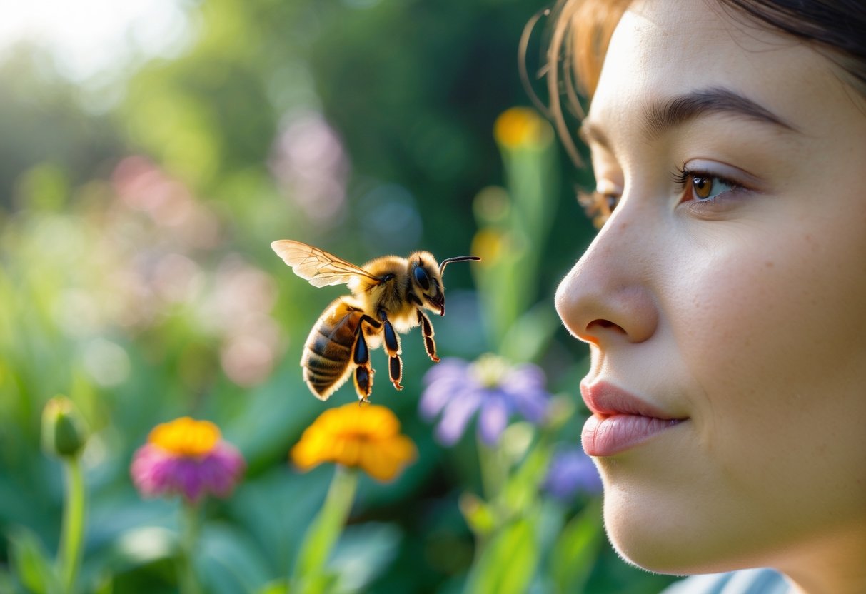 A bee flying close to a person's face in a garden with flowers and greenery.