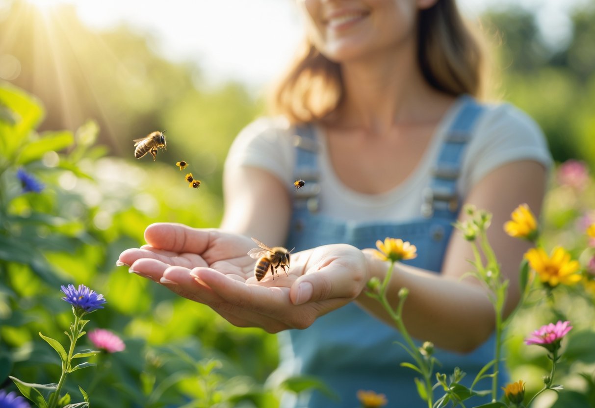 A woman outdoors with a bee resting on her hand, surrounded by plants and flowers.