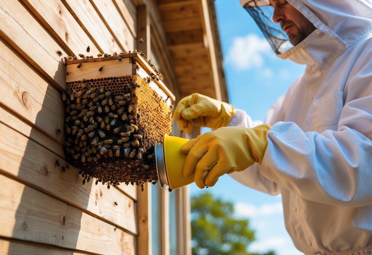 A person in protective clothing gently removing a beehive from the corner of a wooden house using a bee smoker outdoors.