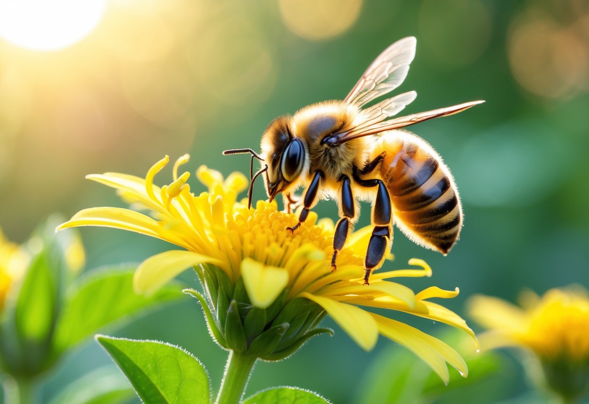 A honeybee collecting nectar from a yellow flower with green leaves in the background.