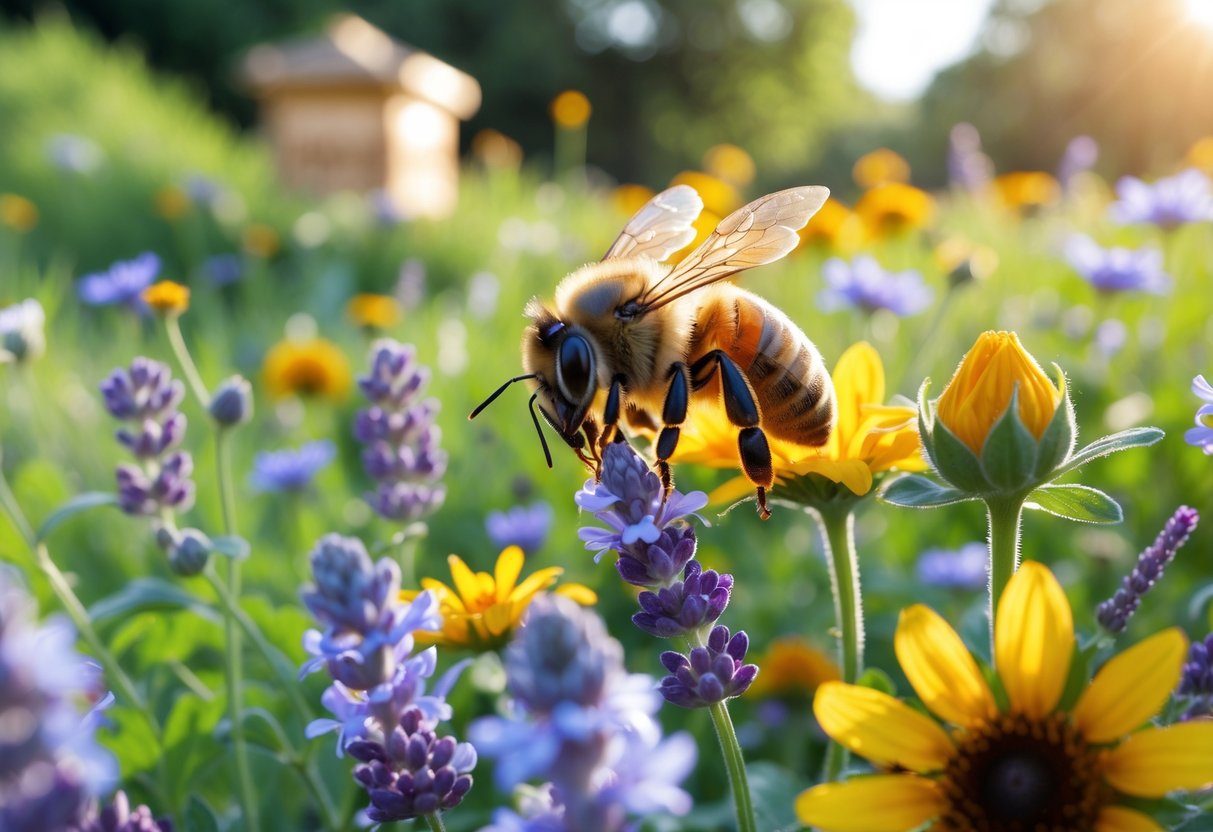 A bee collecting nectar from colorful flowers near a beehive in a garden.