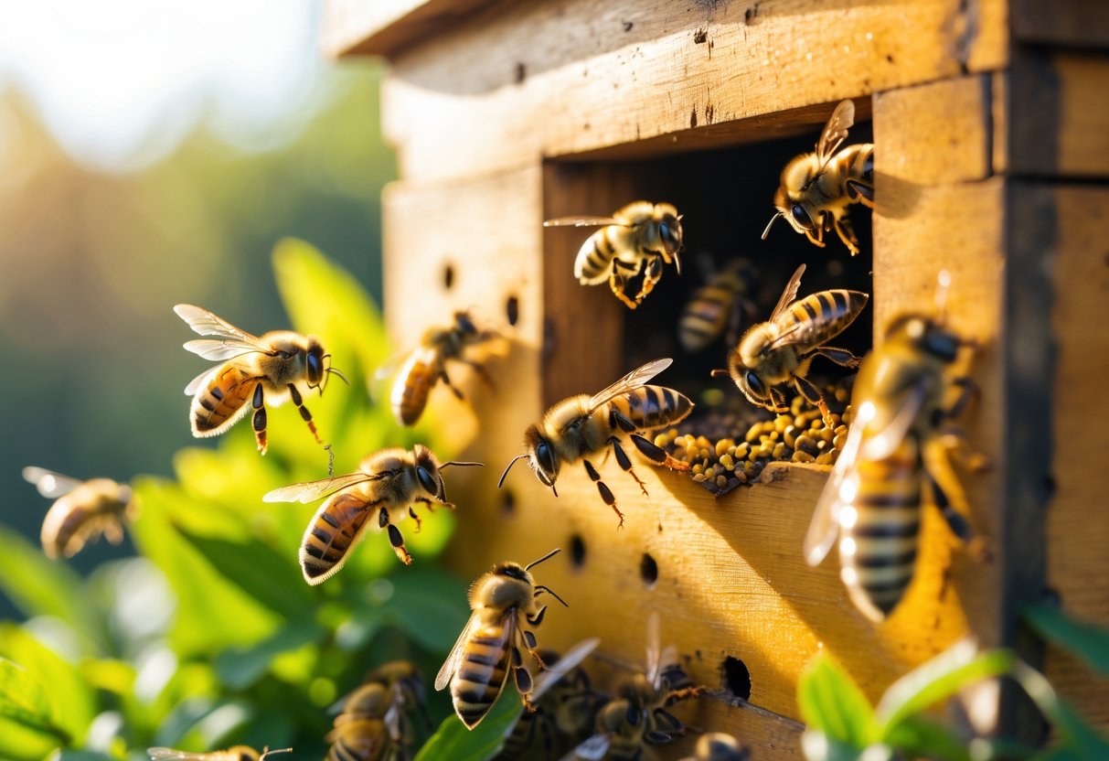 Close-up of bees actively flying around a hive entrance in bright daylight surrounded by green foliage.