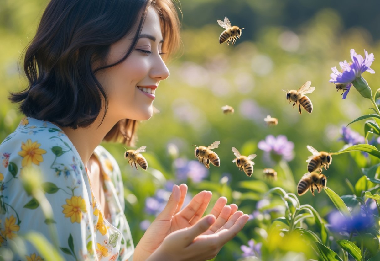 A person smiling outdoors surrounded by blooming flowers with bees flying near their face and hands.