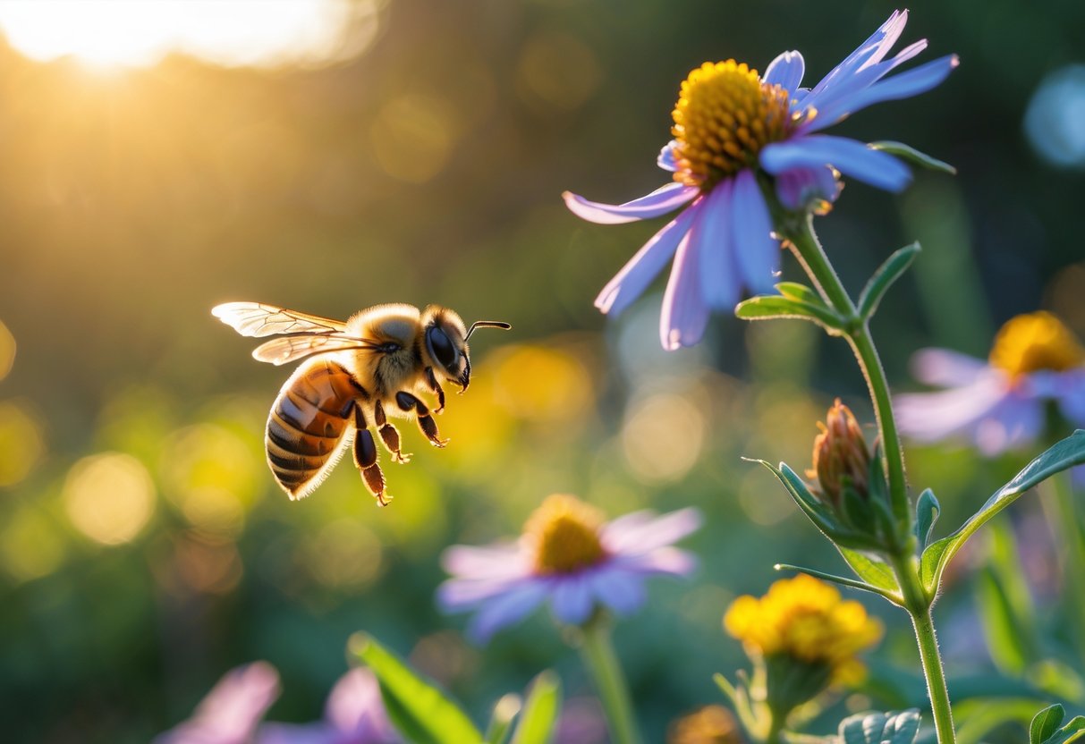A close-up of a honeybee flying near a flower in a garden during late afternoon.