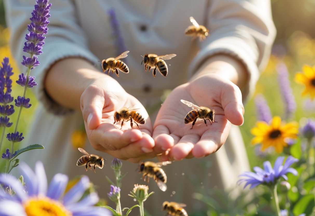 A person outdoors in a garden with bees hovering around their hands and arms near blooming flowers.